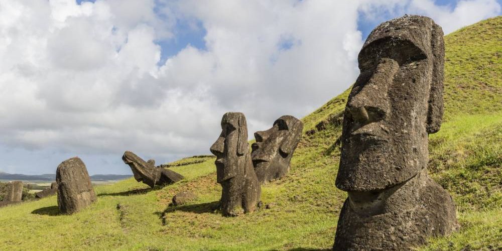 Mandatory Credit: Photo by Robert Harding/REX Shutterstock (4143206a).. Moai sculptures in various stages of completion at Rano Raraku, the quarry site for all moai on Easter Island, Rapa Nui National Park, UNESCO World Heritage Site, Easter Island (Isla de Pascua), Chile.. VARIOUS.. ..