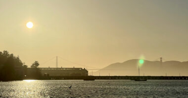 The Golden Gate Bridge from the Bay at sunset
