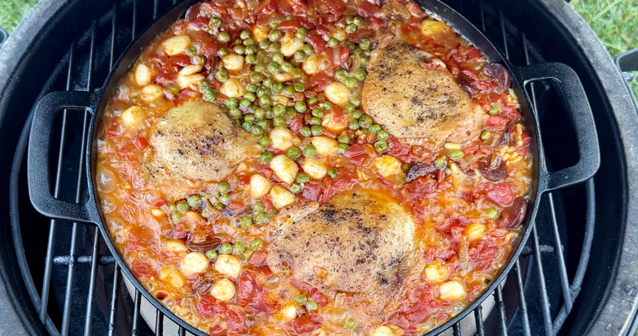 Chicken, chorizo, scallop paella